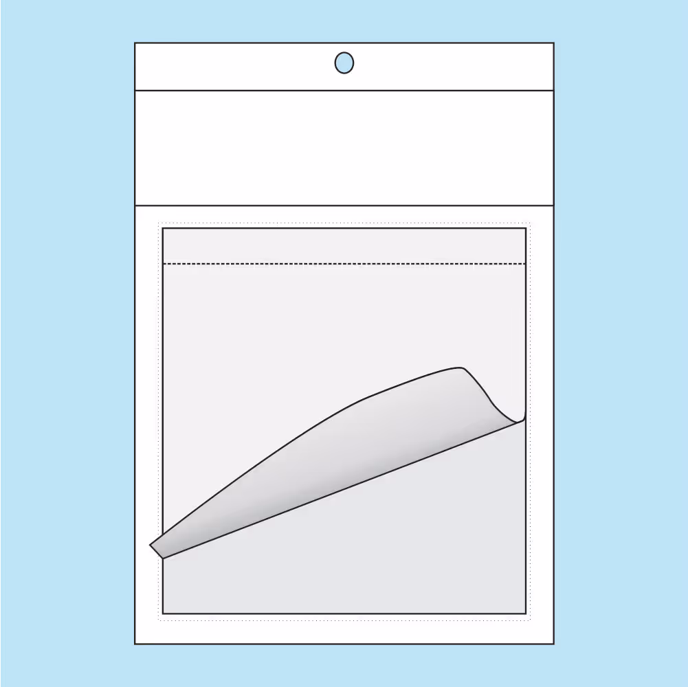 Clear plastic resealable bag with a flap open, set against a light blue background.