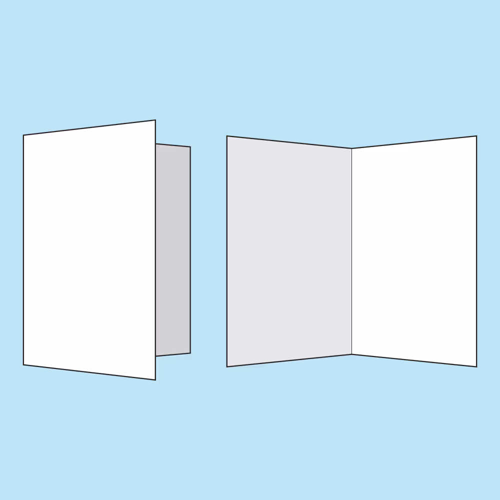 Illustration of two blank tri-fold brochures, one partially closed and one fully open on a light blue background.