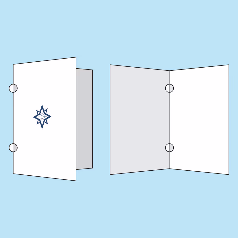Diagram showing a flat folded sheet with two holes aligned and a compass rose symbol on the front.