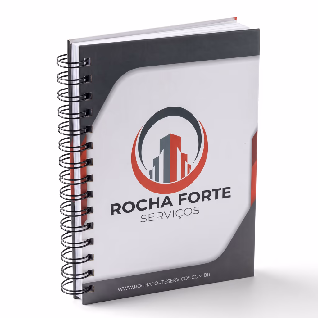Caderno wire-o Rocha Forte Servicos fechado, capa branca e preta com logotipo vermelho