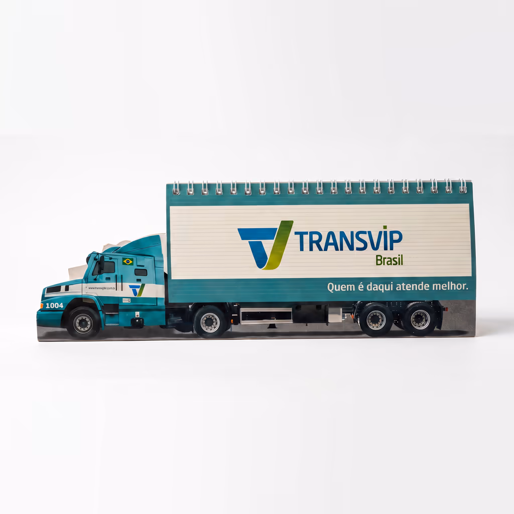 Calendário de mesa Transvip recortado no formato de um caminhão
