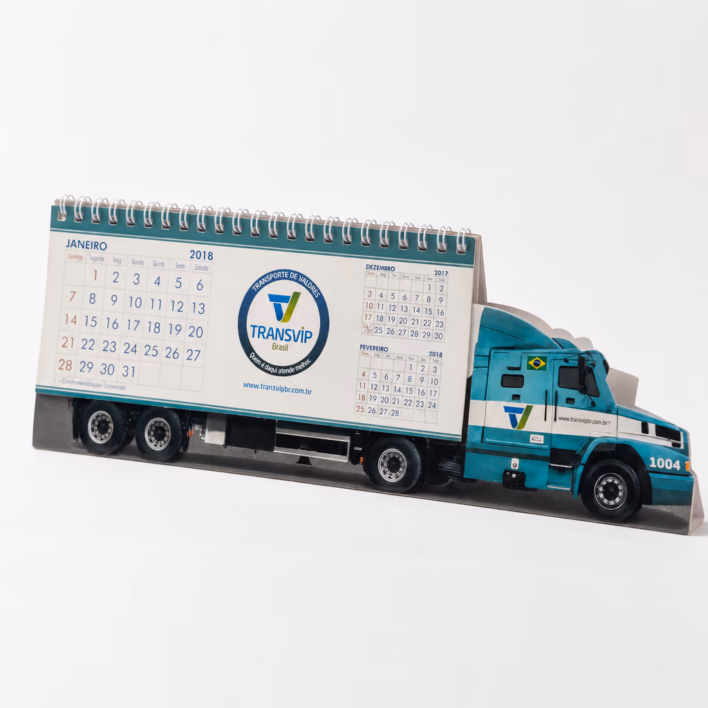 Calendário de mesa Transvip aberto, mostrando a folha de janeiro