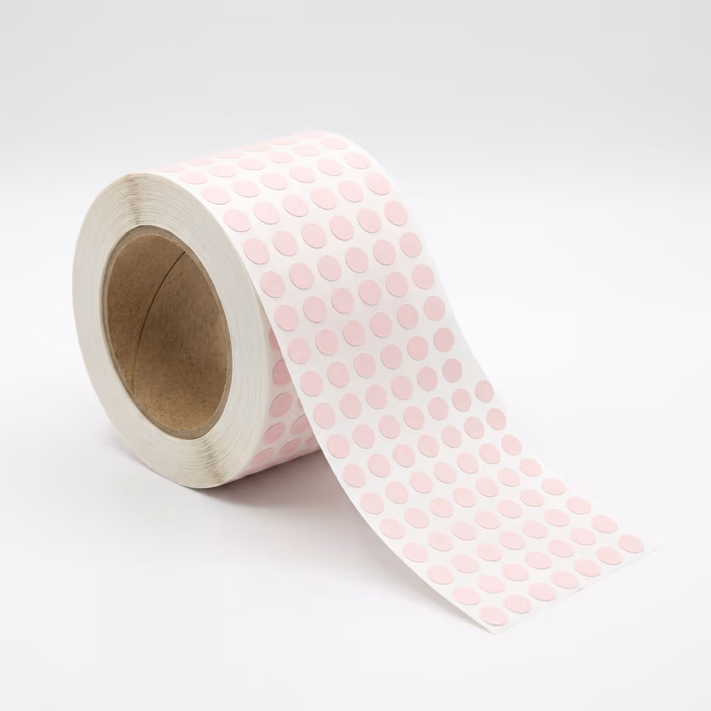 Rolo de etiquetas indicadoras redondas rosa, com a tira desenrolada