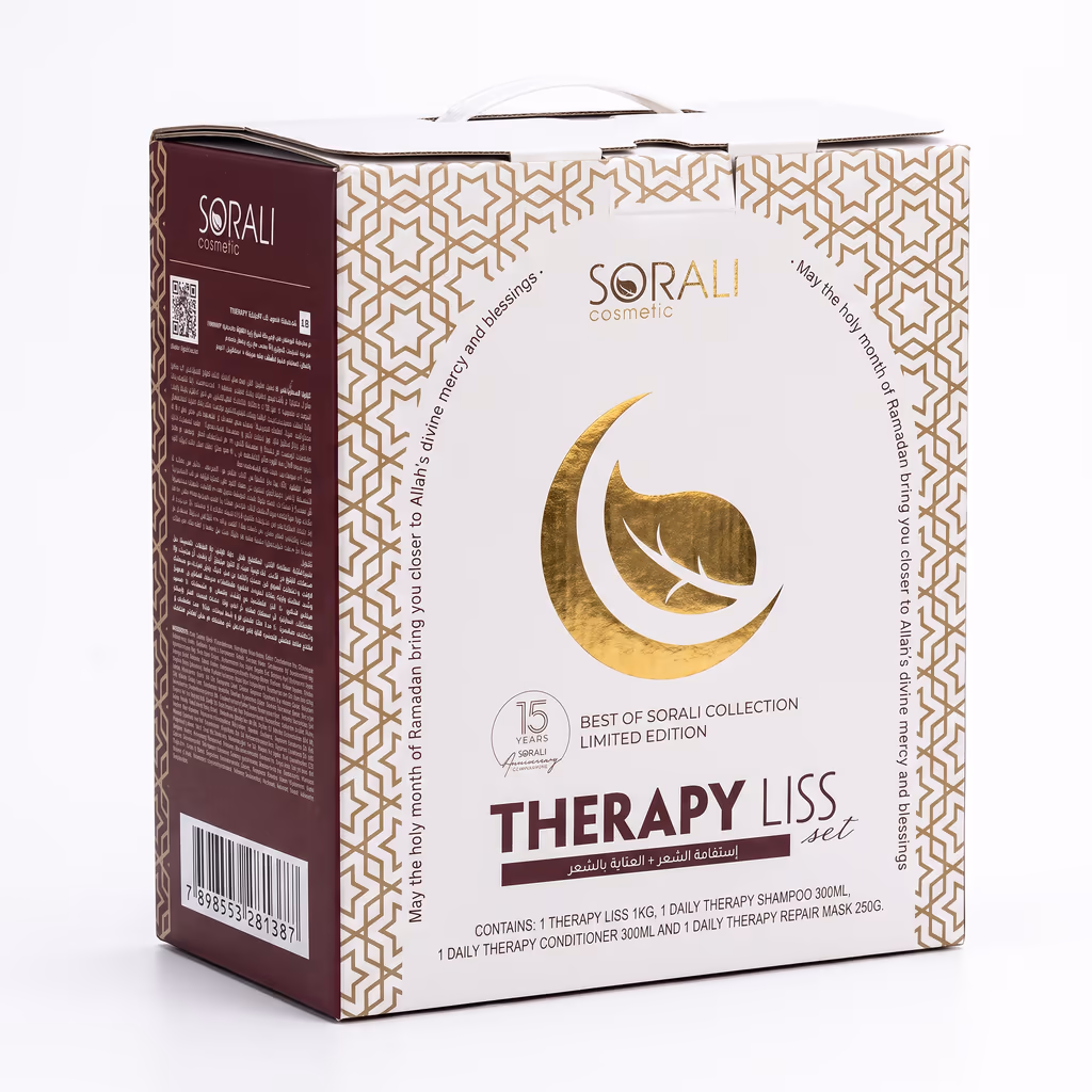 Cartucho Sorali Therapy Liss com detalhes dourados e informacoes do produto