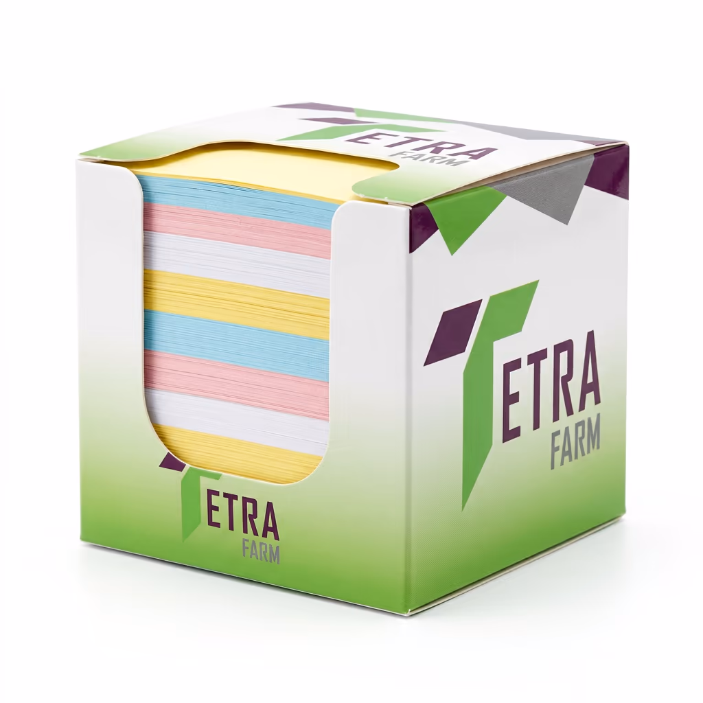Porta-blocos Tetra Farm com blocos coloridos e marca impressa em quatro cores