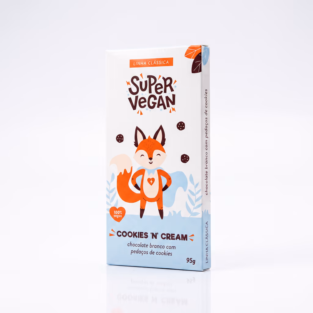 Embalagem Super Vegan Cookies n Cream em pe, com ilustracao de raposa