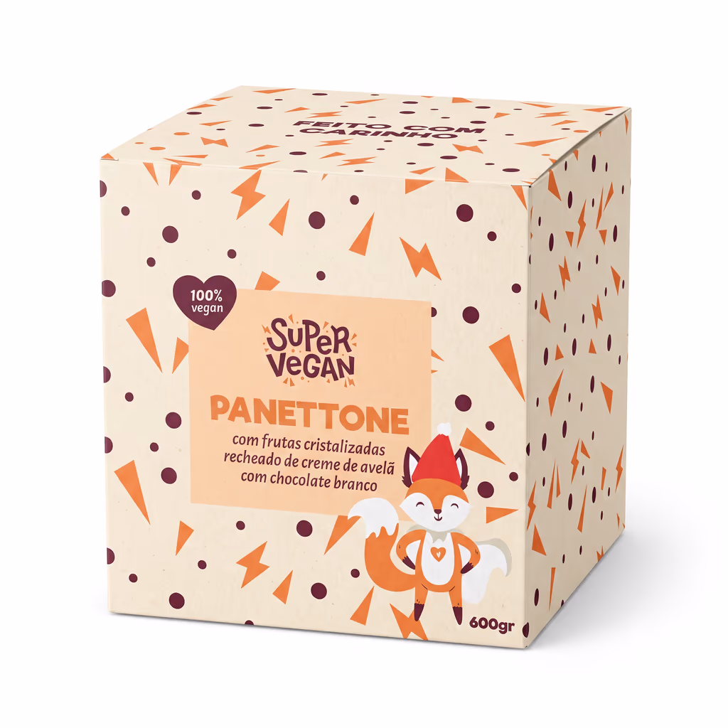 Caixa de panetone Super Vegan com estampa colorida e ilustracao de raposa