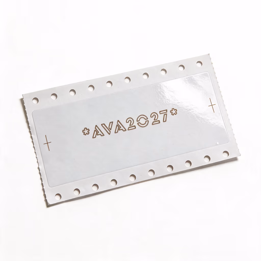 Etiqueta de chassi em vinil branco com laminação de proteção e furos de tração