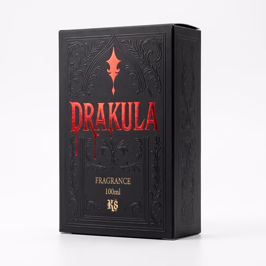 Caixa preta com textura em relevo do perfume Drakula, da marca KS