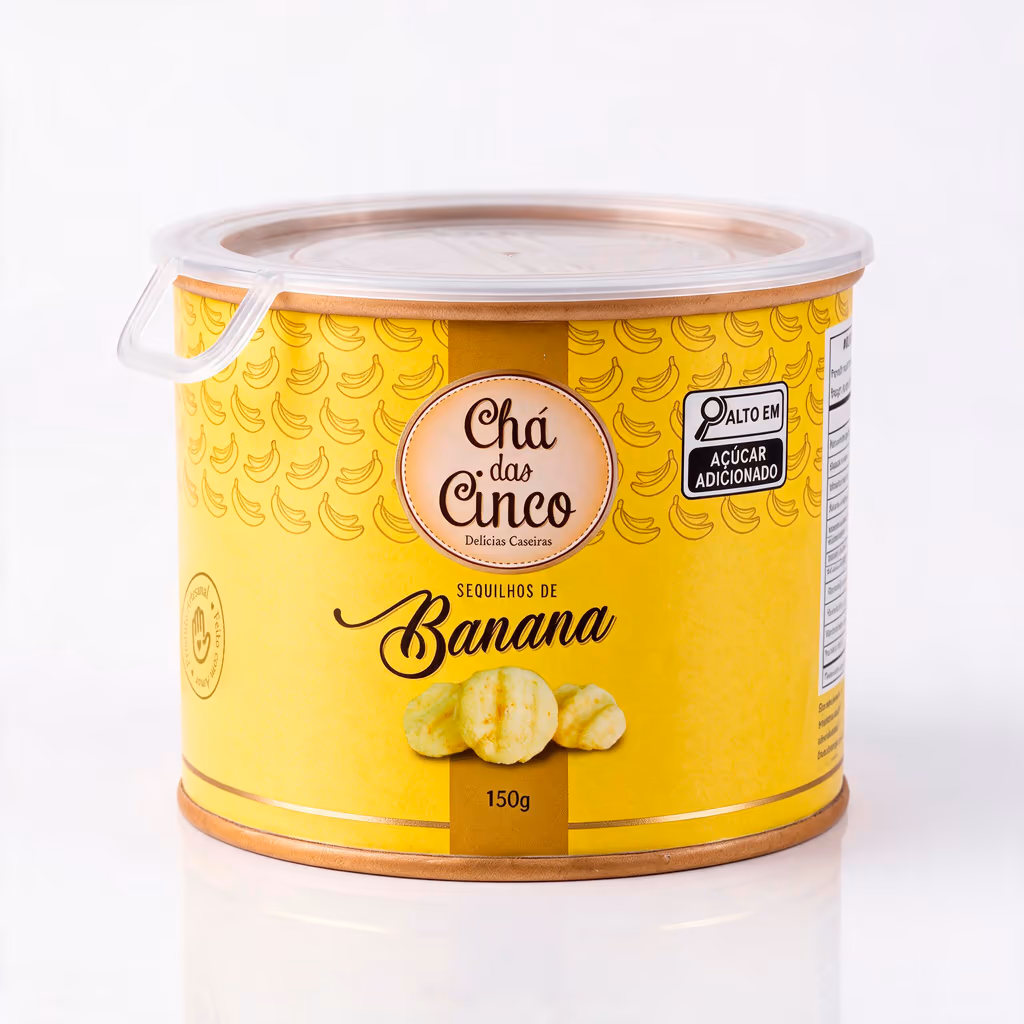 Lata amarela do Chá das Cinco com rótulo ilustrado de bananas