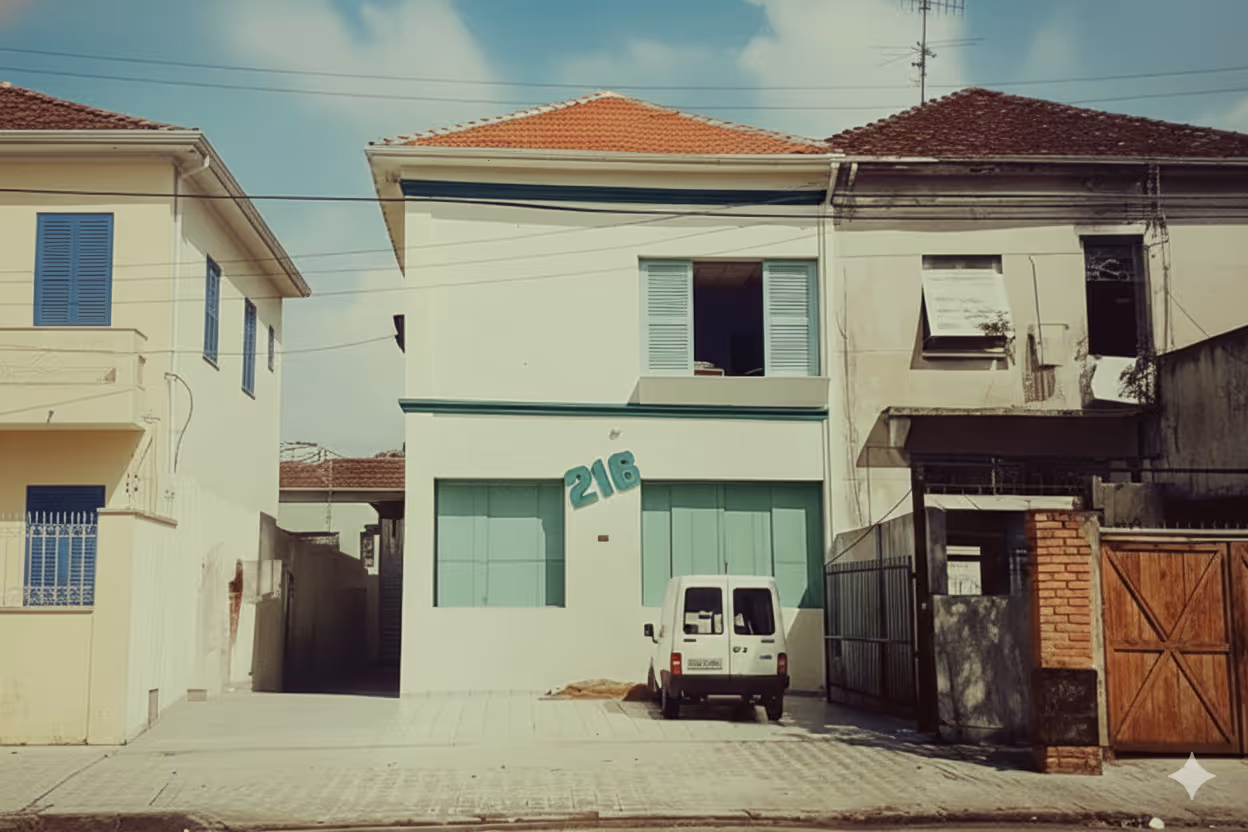 Casa branca de dois andares com venezianas verde-azuladas e o número 216 na vertical na fachada, com uma van branca estacionada em frente