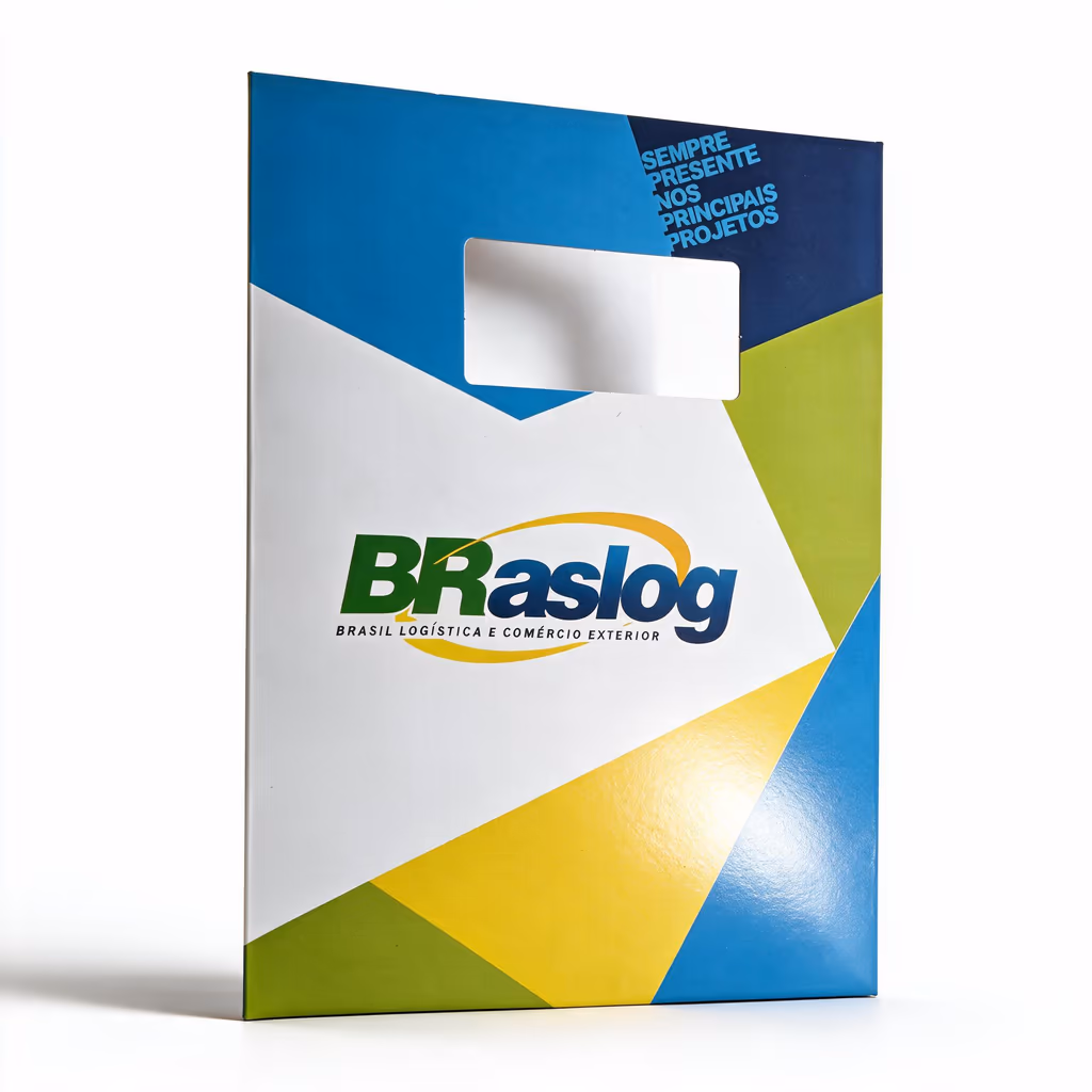 Pasta institucional Braslog com recorte para cartão de visita e impressão em quatro cores