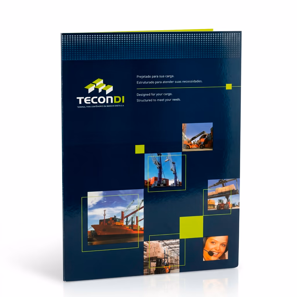 Pasta institucional Tecondi fechada, capa azul-escura com fotos aplicadas e logotipo