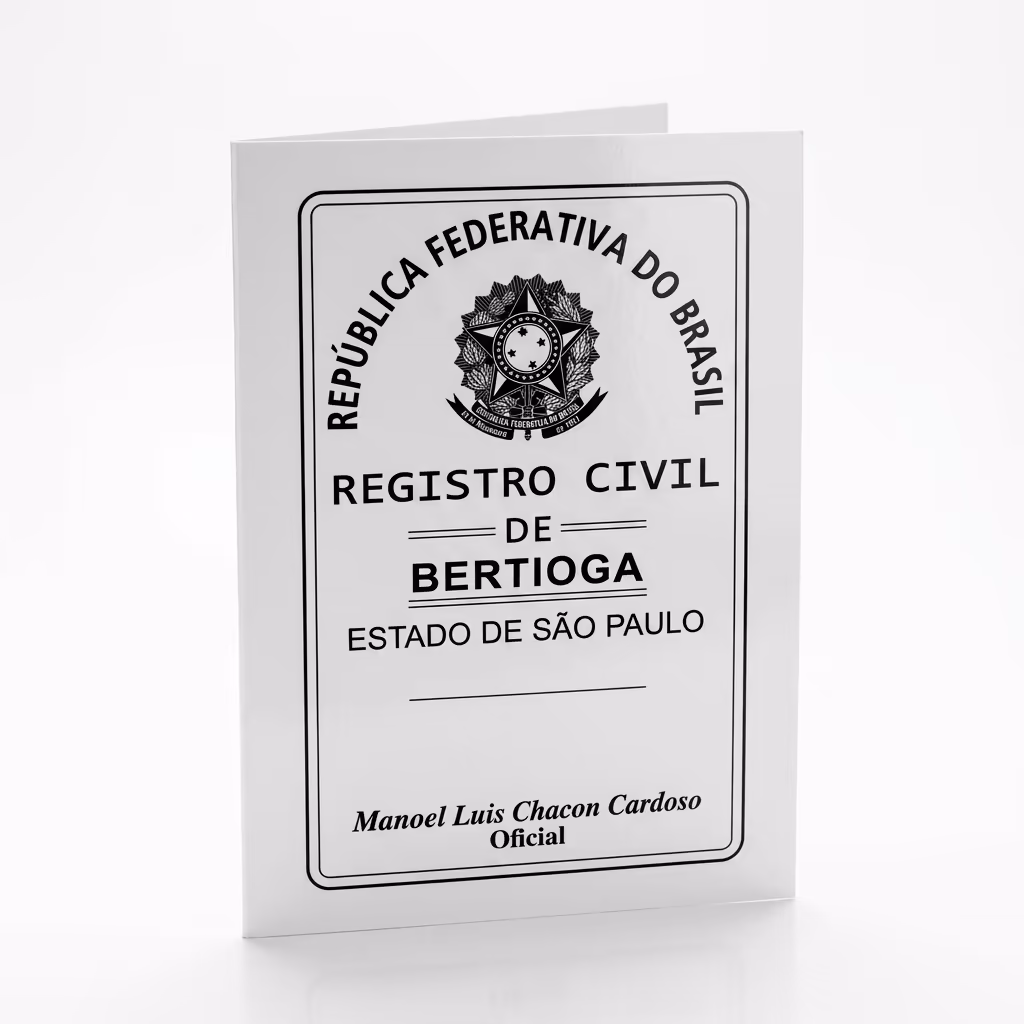Pasta do Registro Civil de Bertioga com brasão da República impresso na capa