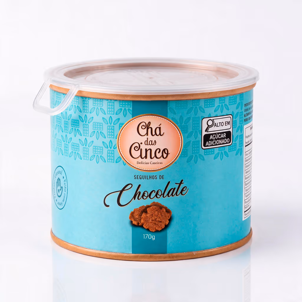 Lata de sequilhos de chocolate Chá das Cinco com rótulo azul-claro