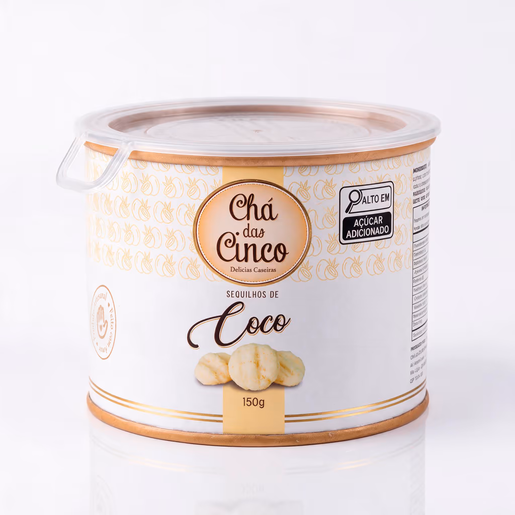 Lata de sequilhos de coco Chá das Cinco com rótulo branco e dourado
