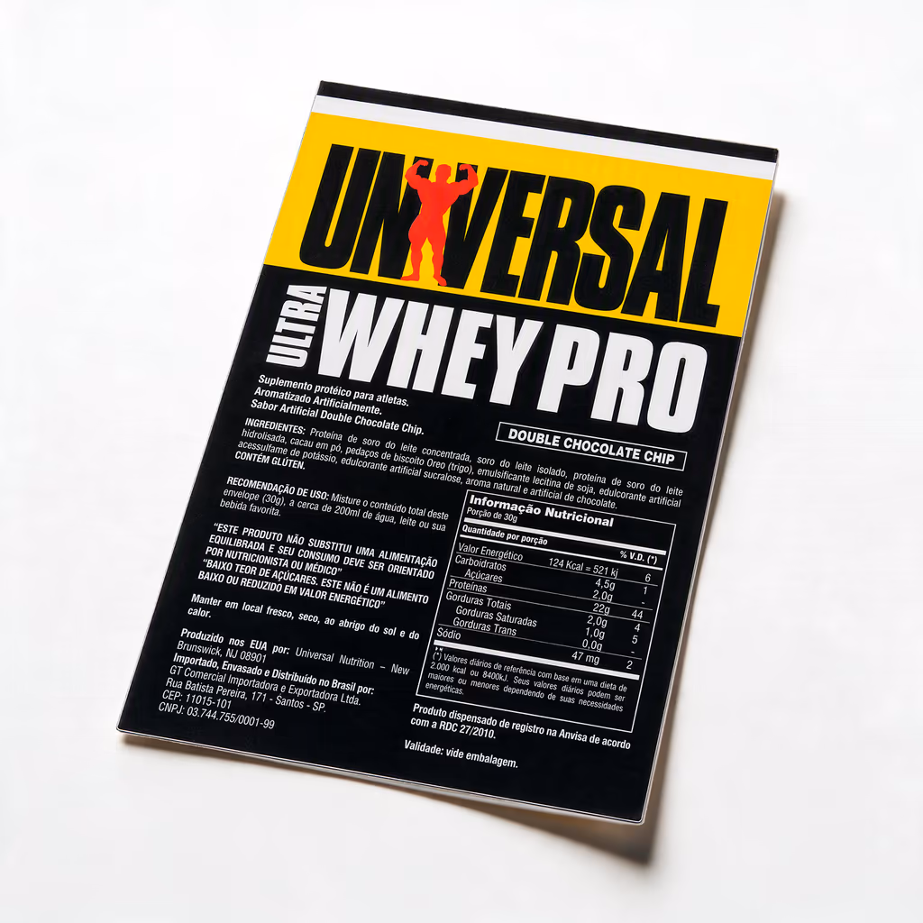 Adesivo preto e amarelo com a tabela nutricional do Ultra Whey Pro