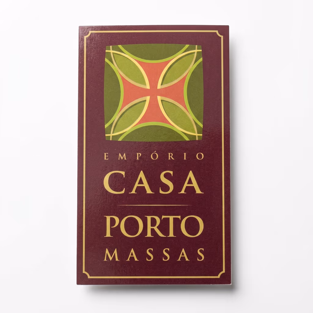 Etiqueta adesiva bordô e dourada da Casa Porto Massas