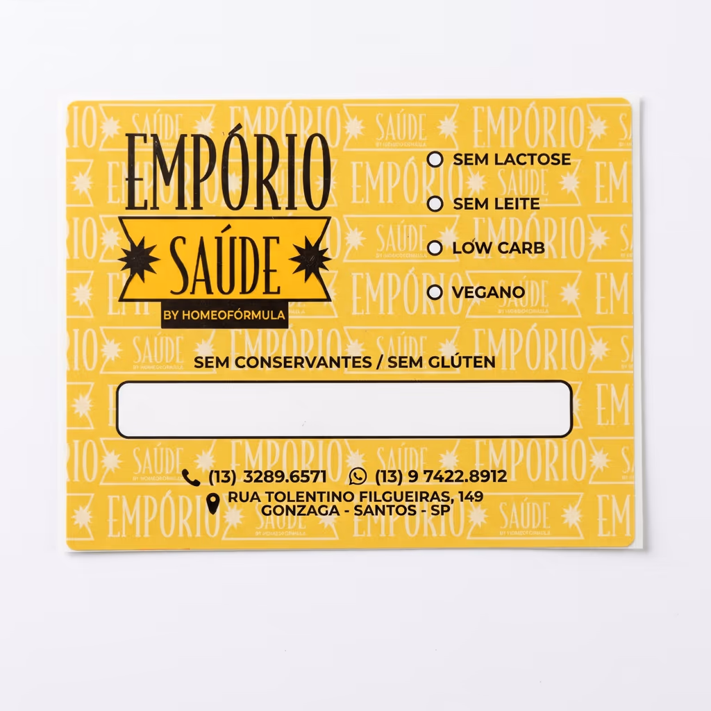 Etiqueta adesiva amarela do Empório Saúde com campos para marcar restrições