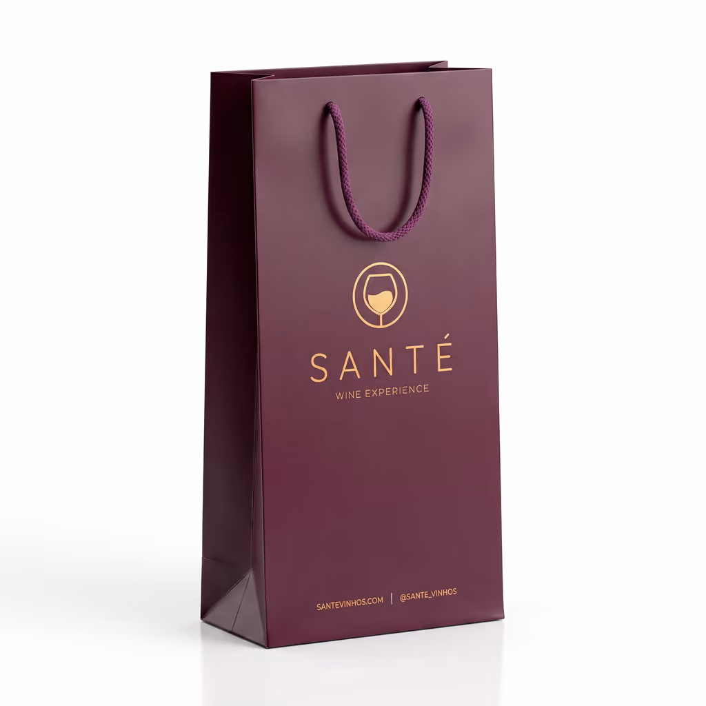Sacola de papel bordô da Santé Wine Experience com logotipo dourado